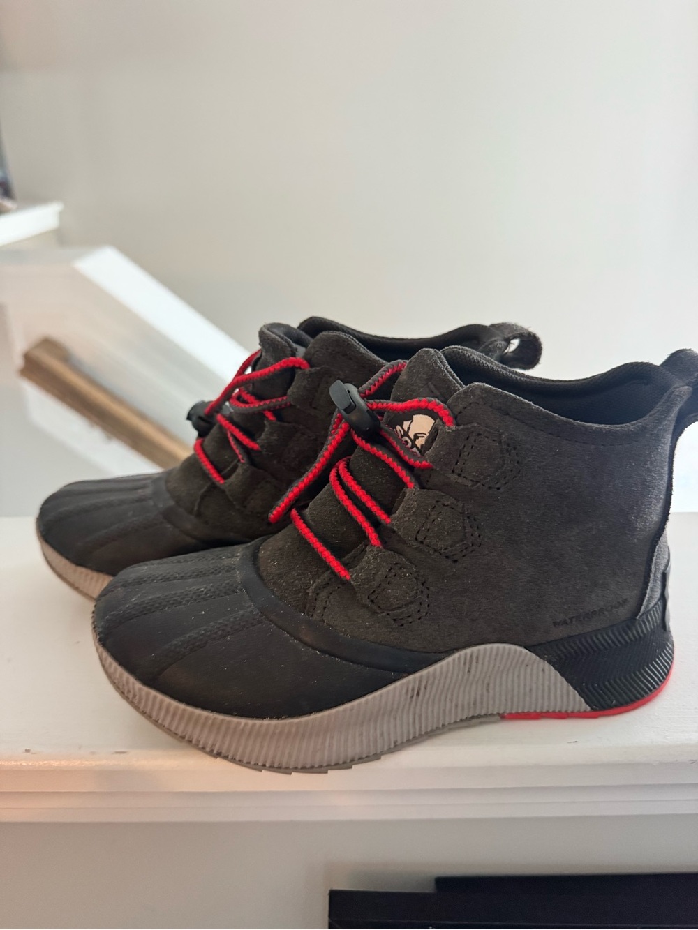 Sorel Kids Dark Gray Suede Rain Boots with Red Laces